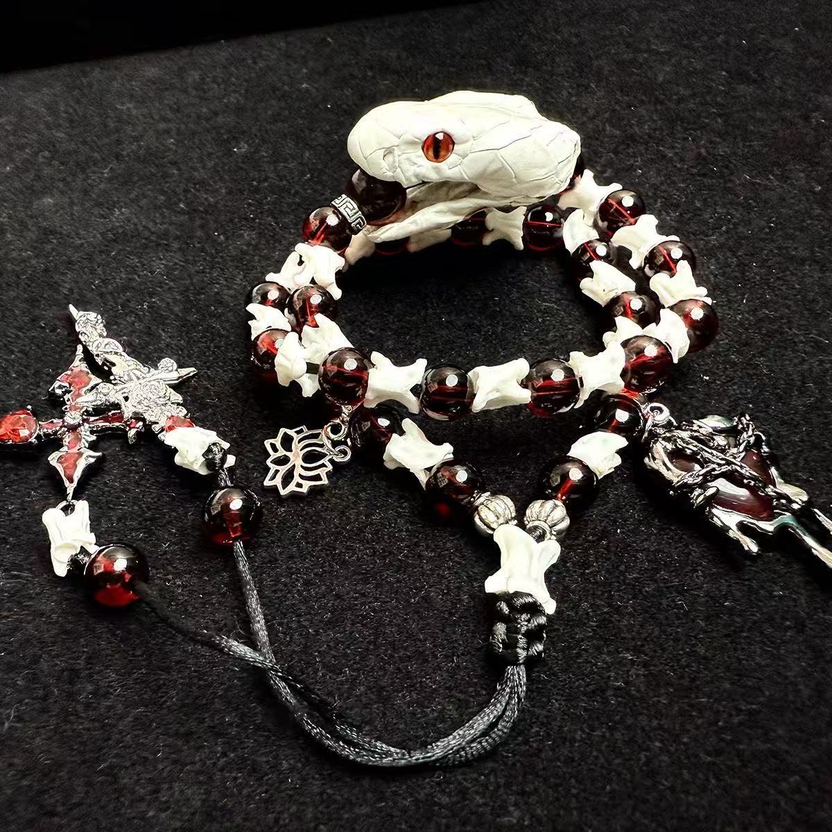 Real Snake Bone Bracelet — Red-Eye White Serpent, Natural Garnet & Gothic Angel Cross | Blood Relic Dark Luxury
