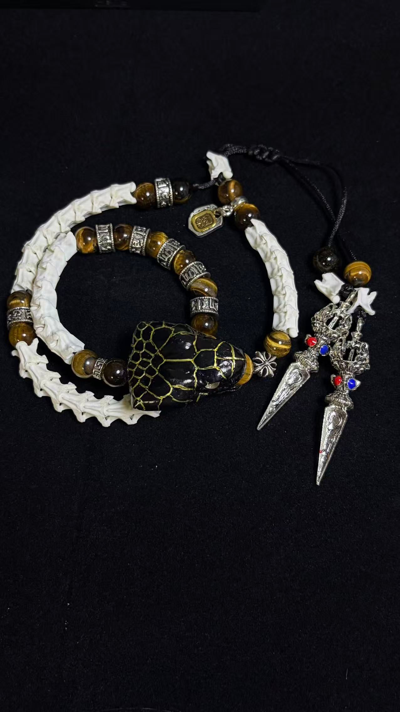 Real Snake Bone Double-Coil Bracelet — Black Serpent King, Tiger's Eye & Tibetan Kīla Charms | Dark Luxury