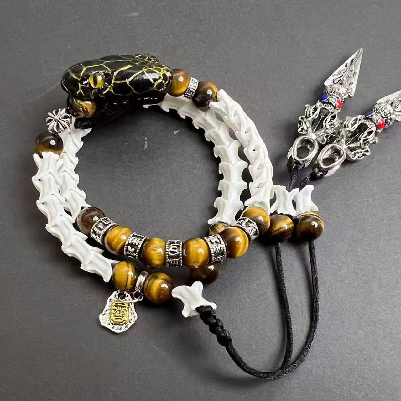 Real Snake Bone Double-Coil Bracelet — Black Serpent King, Tiger's Eye & Tibetan Kīla Charms | Dark Luxury