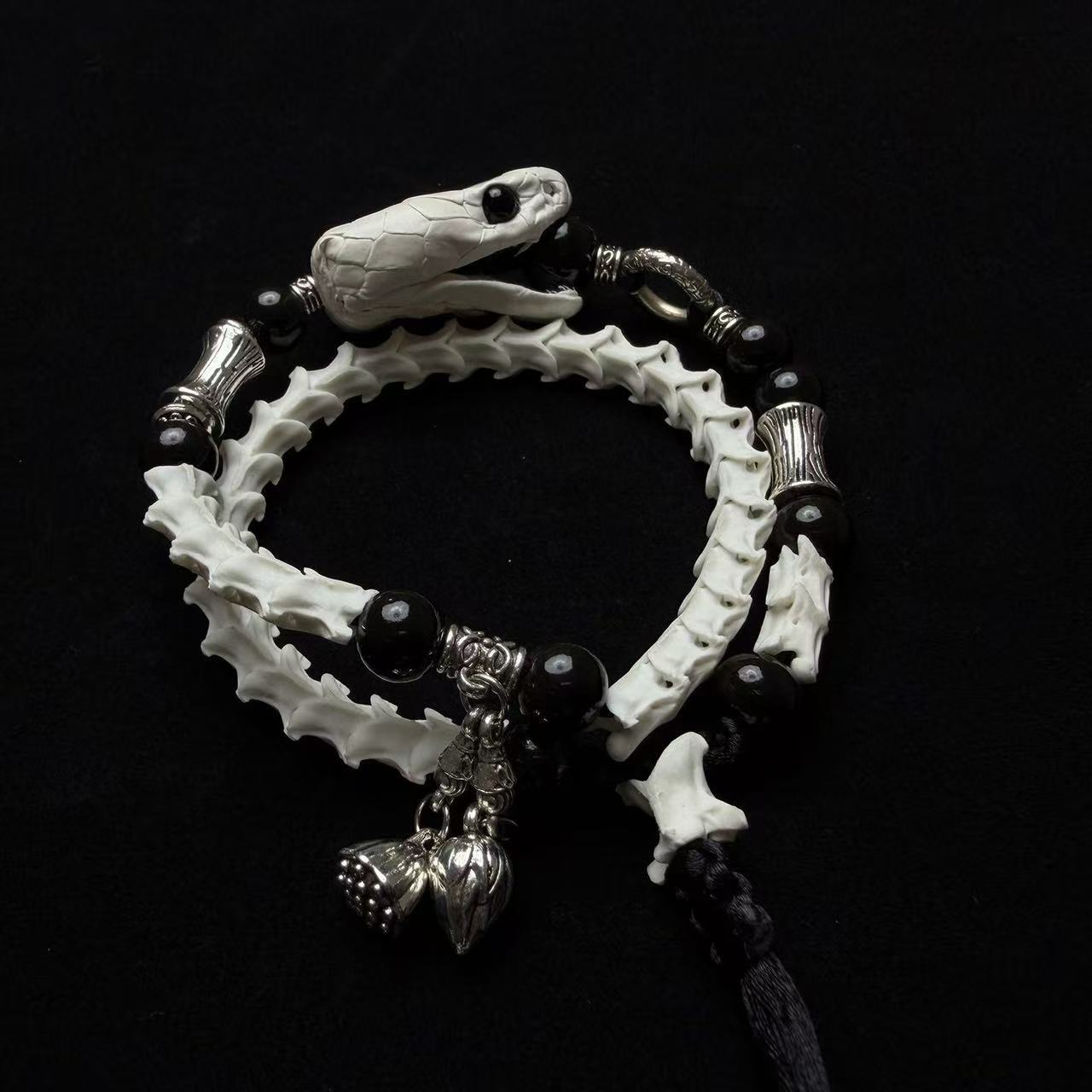 Real Snake Bone Bracelet — Snake Head Clasp & Black Obsidian | Choose Your Charm: Twin Swords or Dark Botanicals