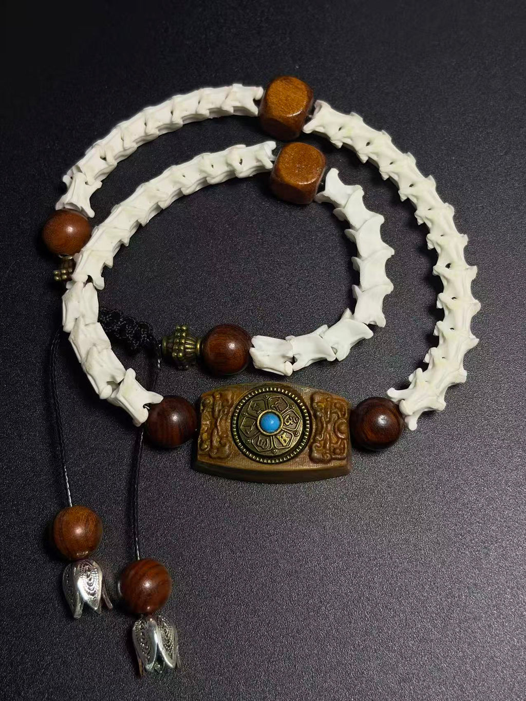Real Snake Bone Bracelet – Tibetan Agarwood Bead, Turquoise Totem & Silver Petal Charm