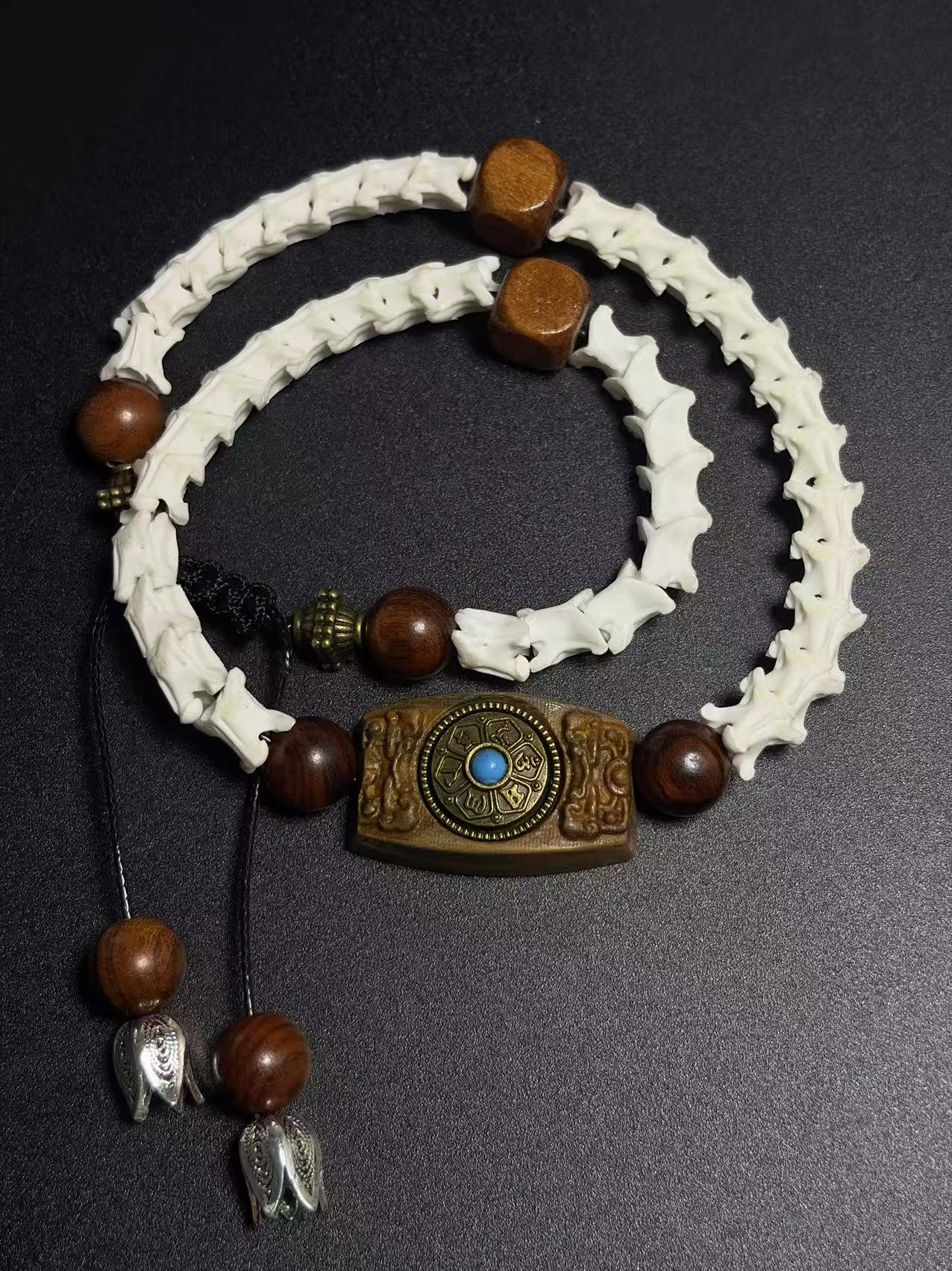 Real Snake Bone Bracelet – Tibetan Agarwood Bead, Turquoise Totem & Silver Petal Charm