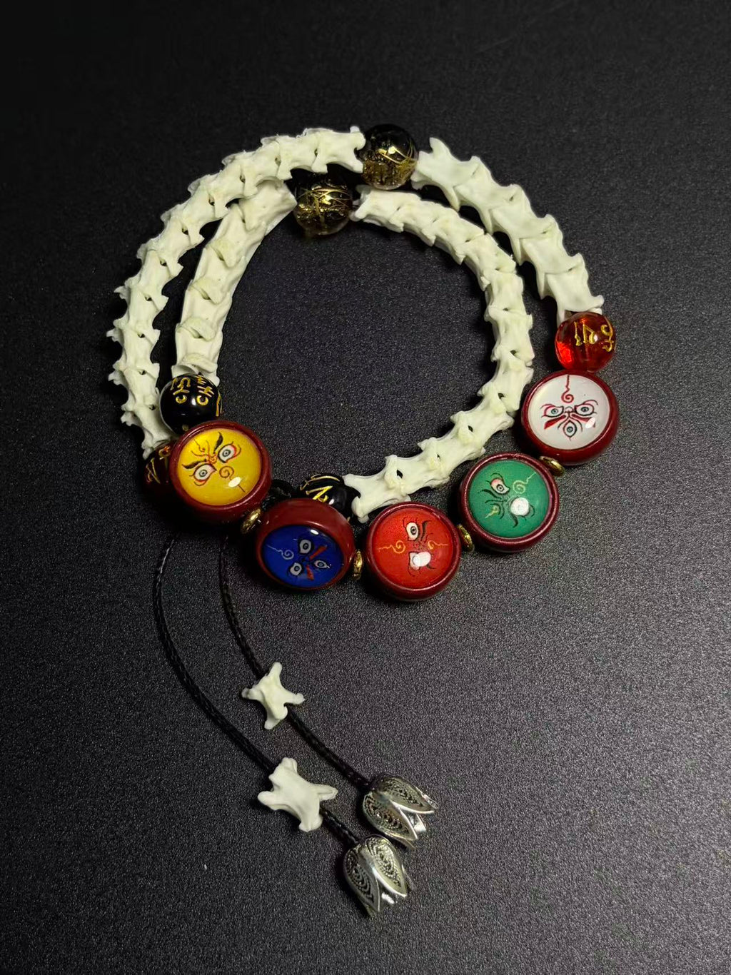 Real Snake Bone Bracelet – Five Wealth Gods Thangka Hand-Painted Disc Beads, Five Colors & Silver Butterfly Charm | Tibetan Fortune Jewelry