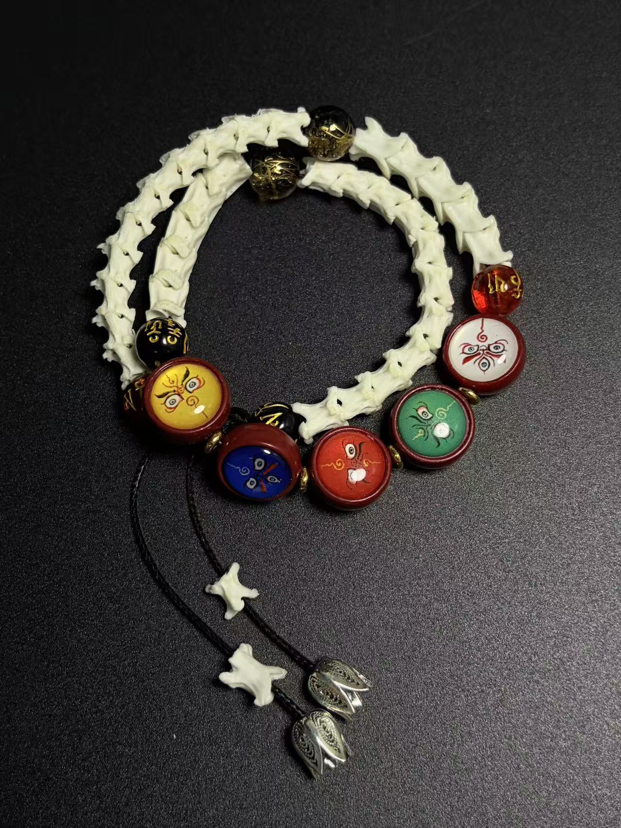 Real Snake Bone Bracelet – Five Wealth Gods Thangka Hand-Painted Disc Beads, Five Colors & Silver Butterfly Charm | Tibetan Fortune Jewelry