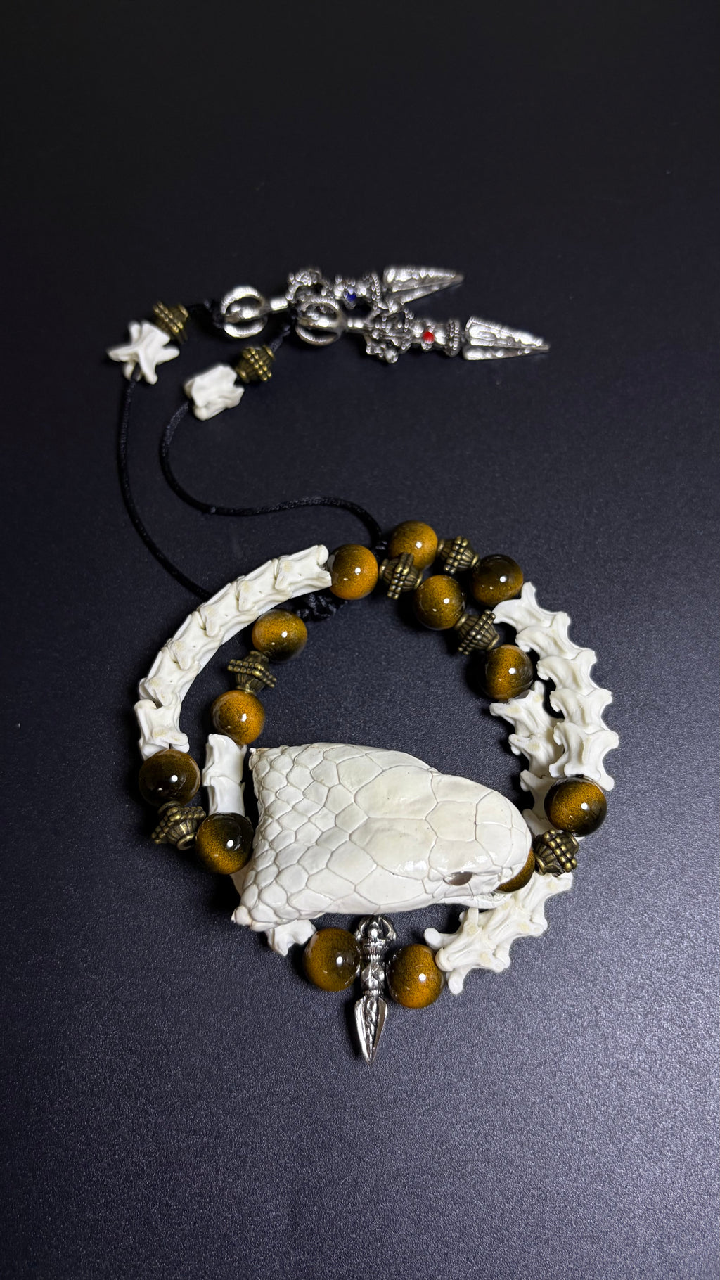 Real Snake Bone Bracelet — Tiger Eye & Tibetan Vajra Charm