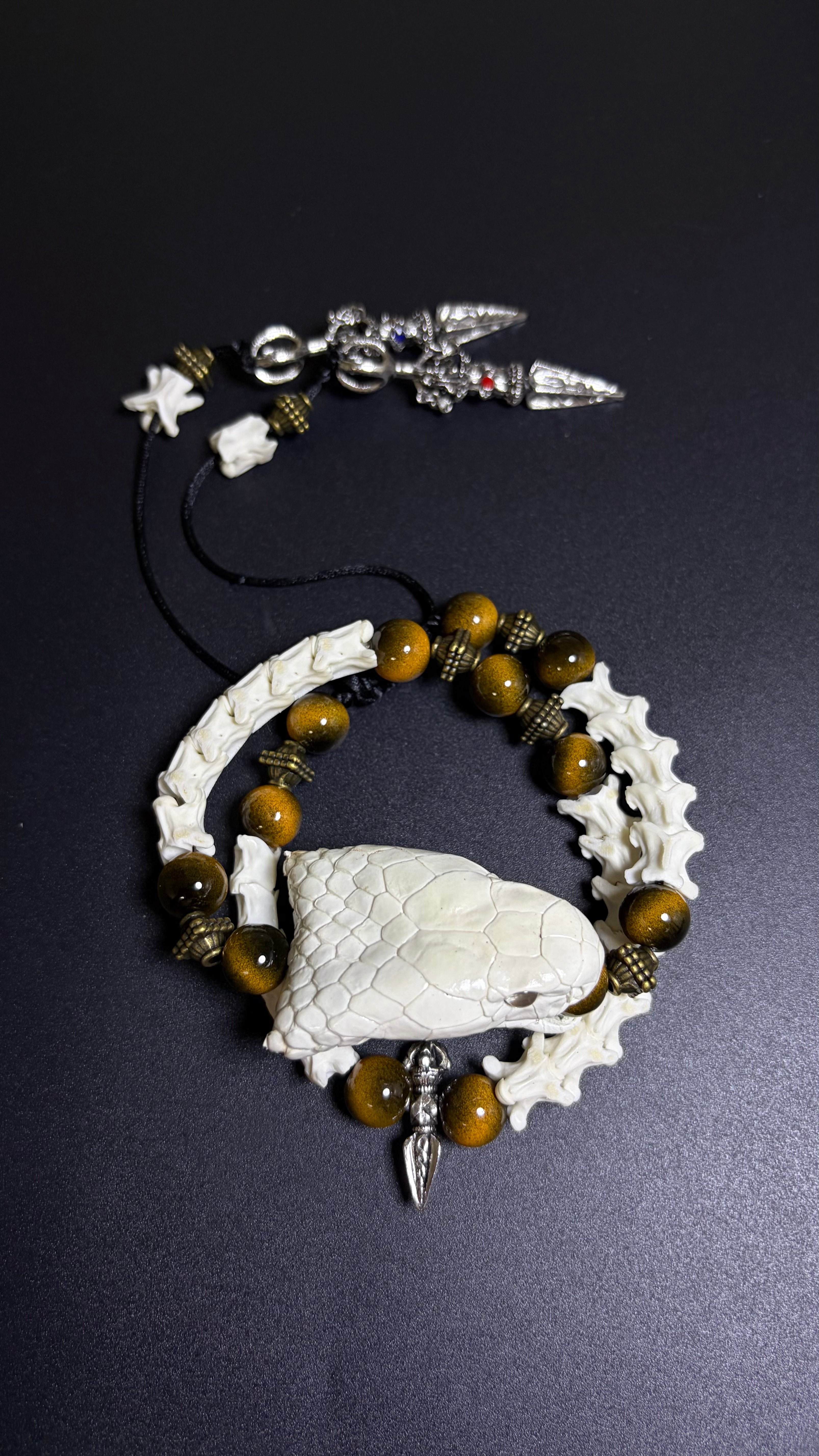 Real Snake Bone Bracelet — Tiger Eye & Tibetan Vajra Charm
