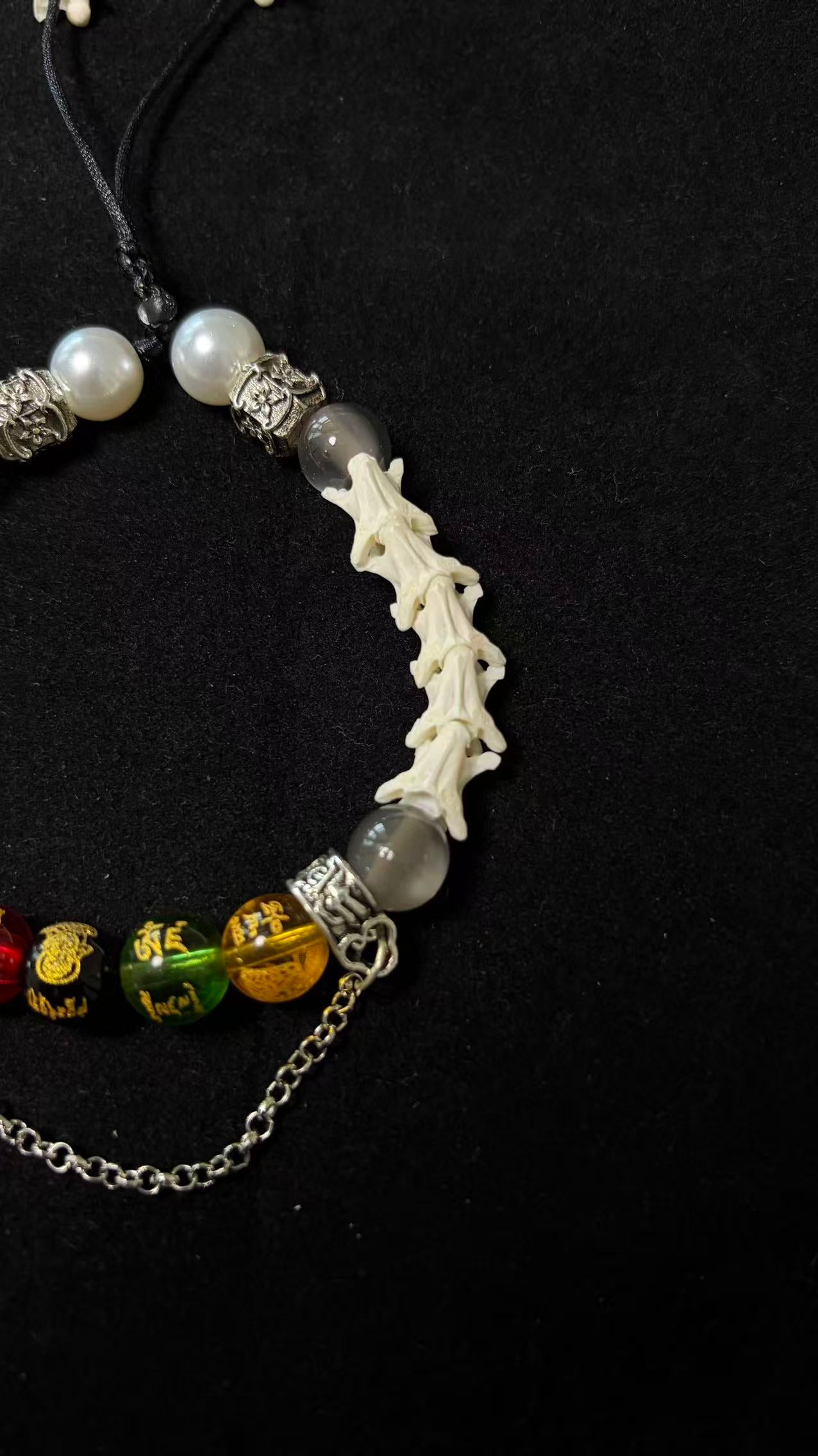 Real Snake Bone Bracelet – Five Wealth Gods Engraved Crystal Beads, Pearl & Silver Butterfly Charm | Tibetan Fortune Jewelry