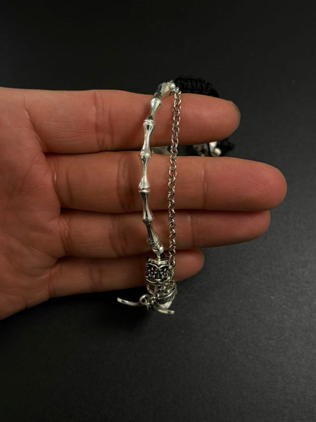Real Snake Bone Bracelet – Crystal Skull, Silver Butterfly Charm & Bamboo Bone Dual Chain | Gothic Dark Luxury