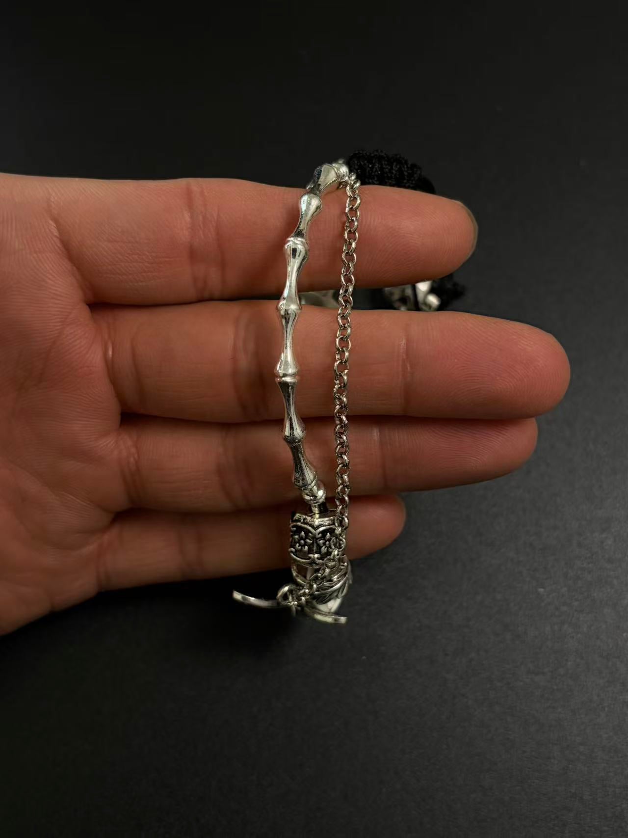 Real Snake Bone Bracelet – Crystal Skull, Silver Butterfly Charm & Bamboo Bone Dual Chain | Gothic Dark Luxury