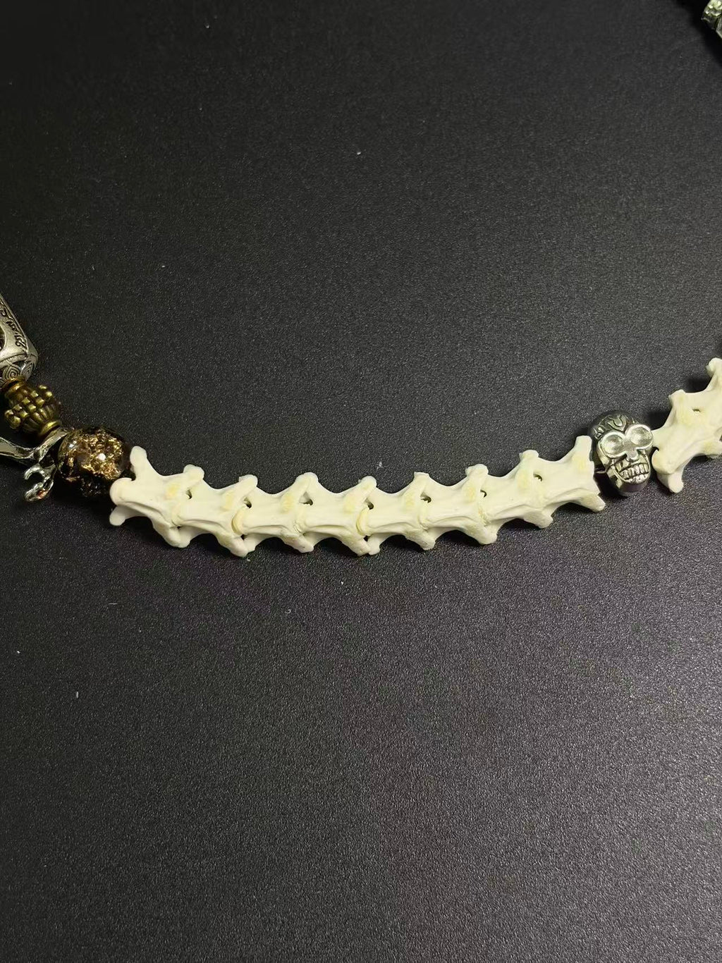 Real Snake Bone Bracelet – Full Skeleton Holding Sanskrit Prayer Cylinder, Blue Cat's Eye & Smoky Quartz | Dark Gothic Masterpiece