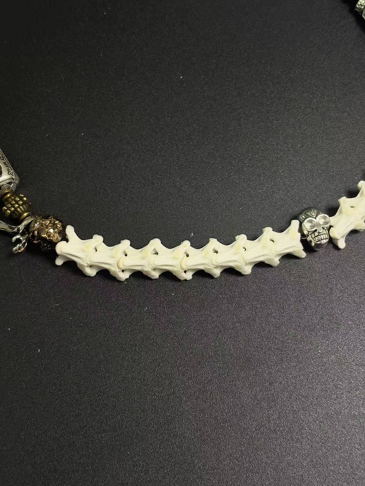 Real Snake Bone Bracelet – Full Skeleton Holding Sanskrit Prayer Cylinder, Blue Cat's Eye & Smoky Quartz | Dark Gothic Masterpiece
