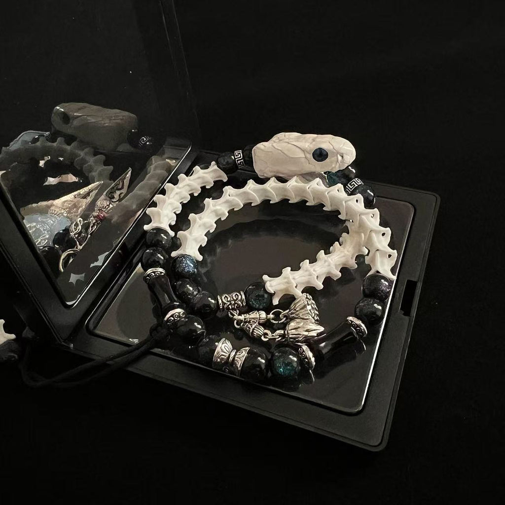 Real Snake Bone Double-Coil Bracelet — Blue-Eye White Serpent, Black Obsidian & Twin Tibetan Kila Charms | Dark Celestial