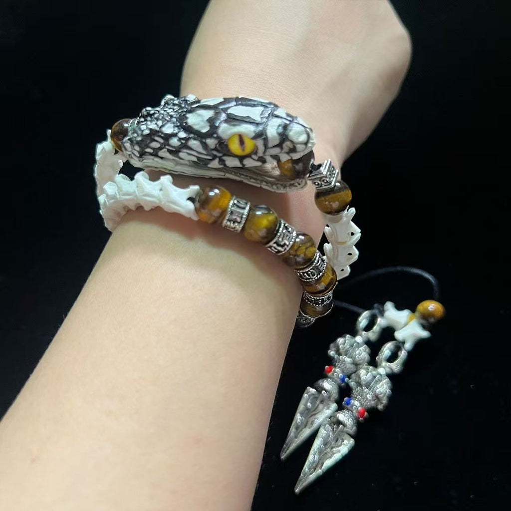 Real Snake Bone Coil Bracelet — Snake Head Clasp, Natural Gemstones & Tibetan Vajra Charm