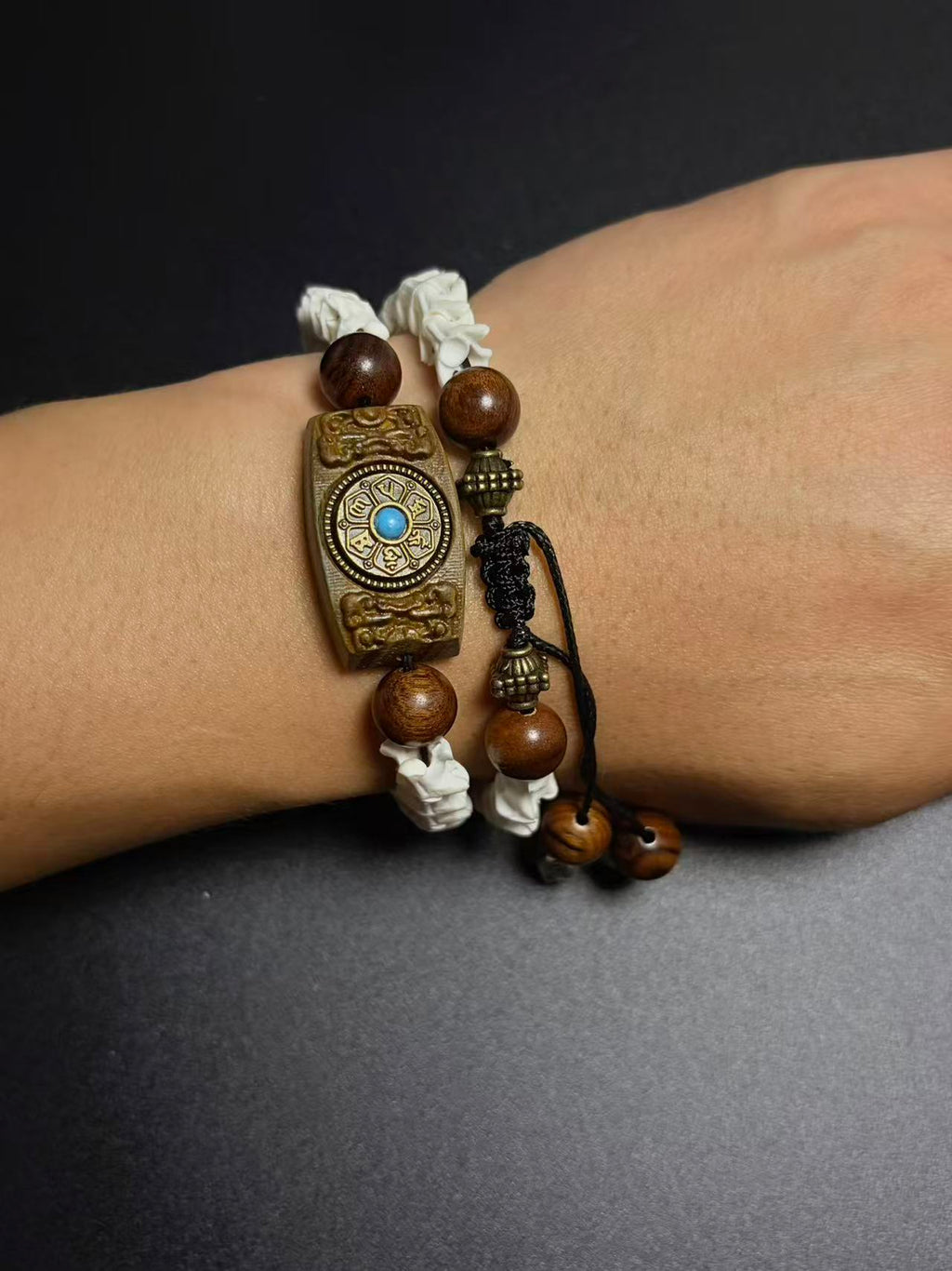Real Snake Bone Bracelet – Tibetan Agarwood Bead, Turquoise Totem & Silver Petal Charm