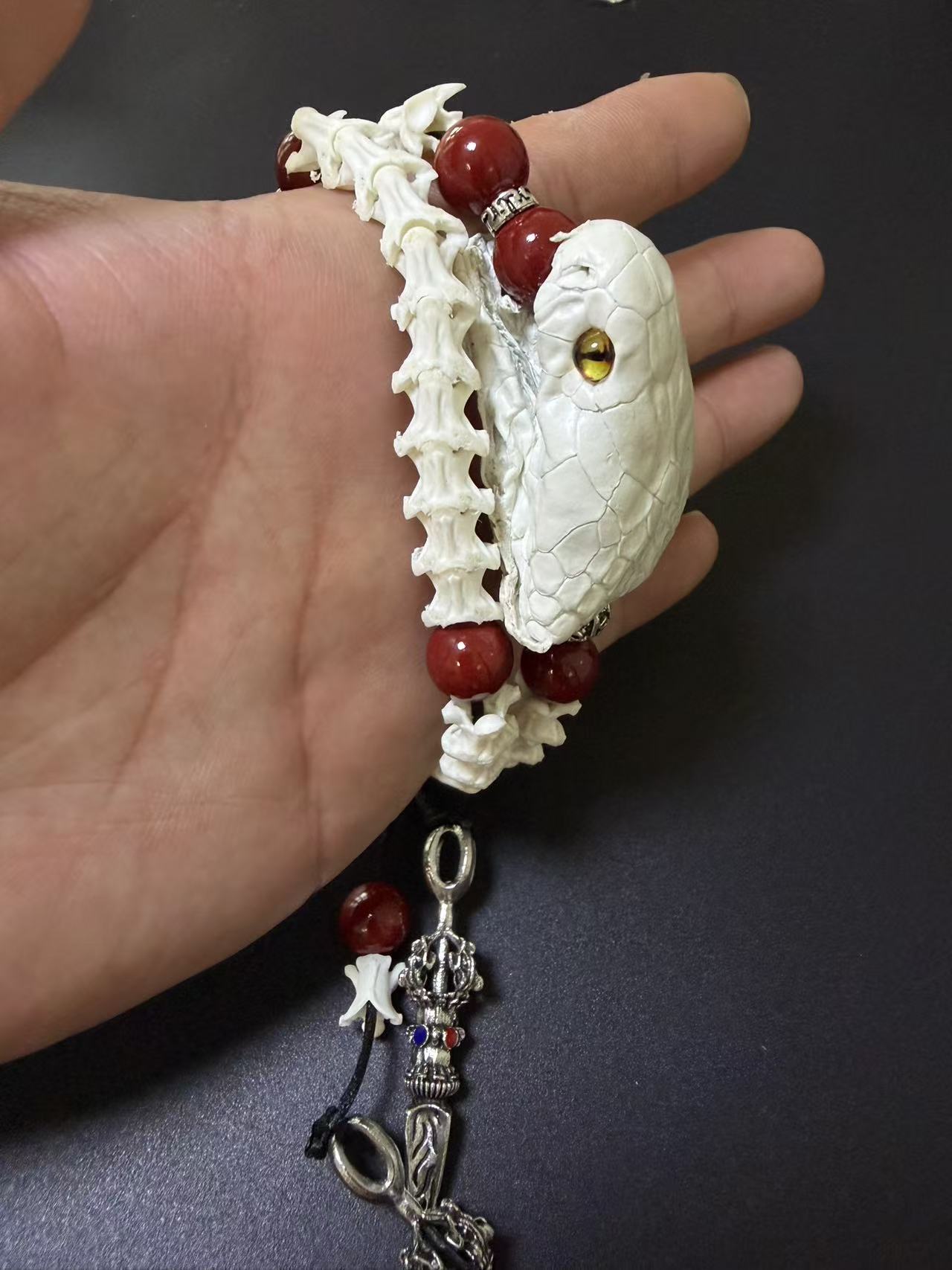 Real Snake Skull & Spine Bracelet – Red Agate, Tibetan Dorje Charms | Gothic Talisman Jewelry