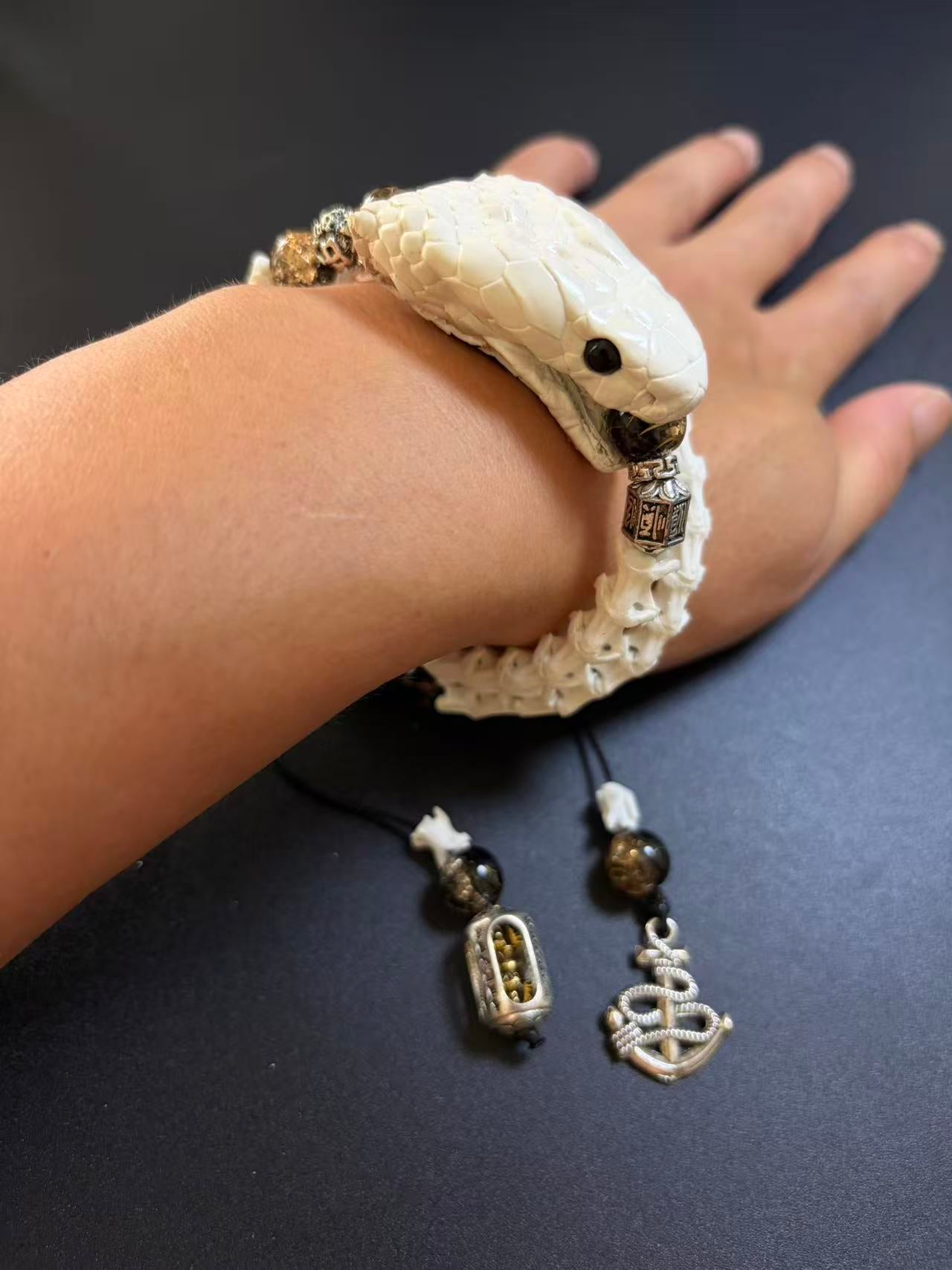 Real Snake Bone Bracelet | Smoky Quartz & Dual Tibetan Charm | Dark Talisman Jewelry