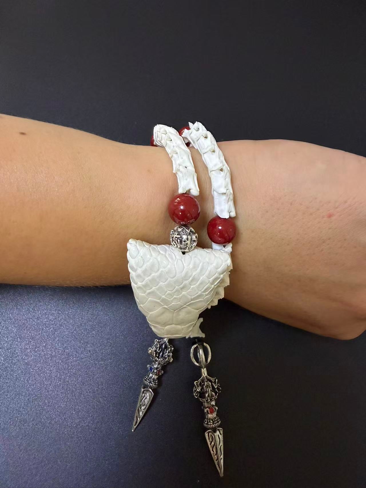 Real Snake Skull & Spine Bracelet – Red Agate, Tibetan Dorje Charms | Gothic Talisman Jewelry