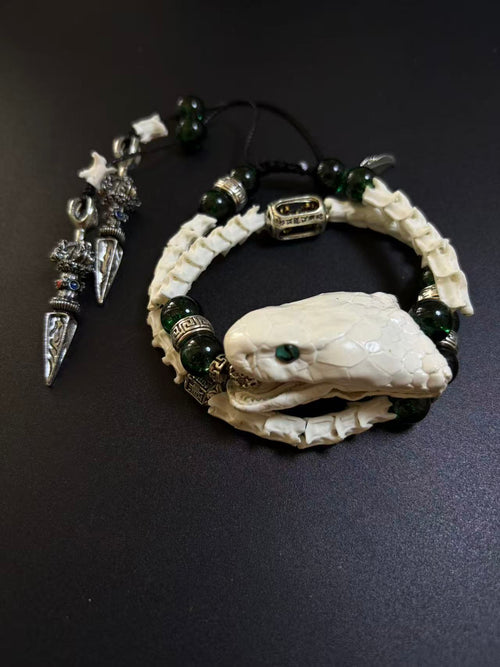 Real Snake Bone Bracelet with Tibetan Phurba Dagger Charm | Dark Luxury Talisman