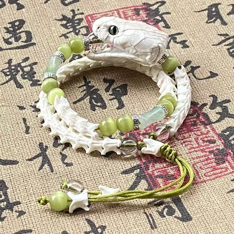 Real White Snake Bone Bracelet — Lifelike Snake Head, Natural Gemstones & Silk Tassel | Chinese Mythology Jewelry