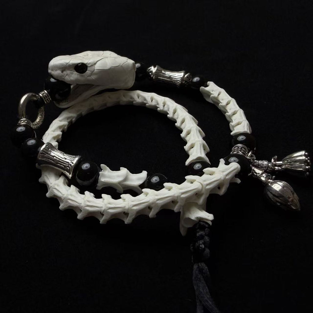 Real Snake Bone Bracelet — Snake Head Clasp & Black Obsidian | Choose Your Charm: Twin Swords or Dark Botanicals