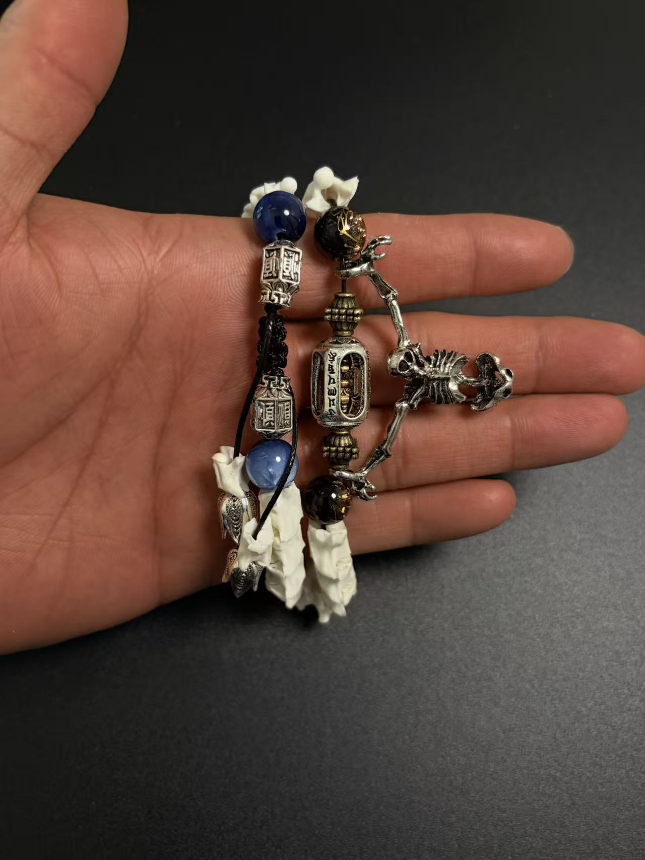 Real Snake Bone Bracelet – Full Skeleton Holding Sanskrit Prayer Cylinder, Blue Cat's Eye & Smoky Quartz | Dark Gothic Masterpiece