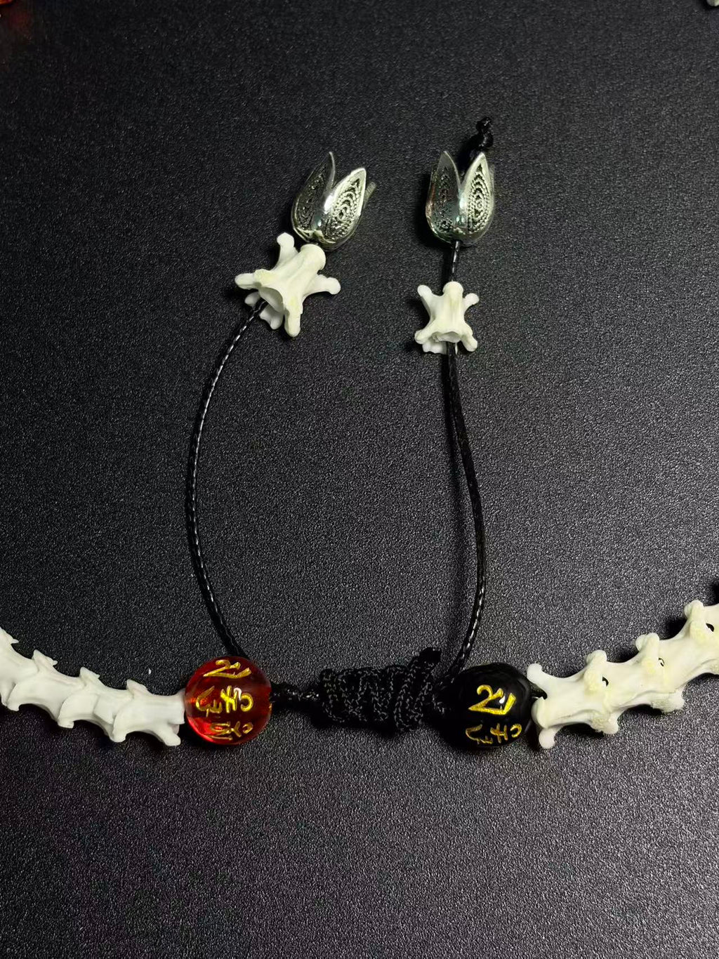 Real Snake Bone Bracelet – Five Wealth Gods Thangka Hand-Painted Disc Beads, Five Colors & Silver Butterfly Charm | Tibetan Fortune Jewelry