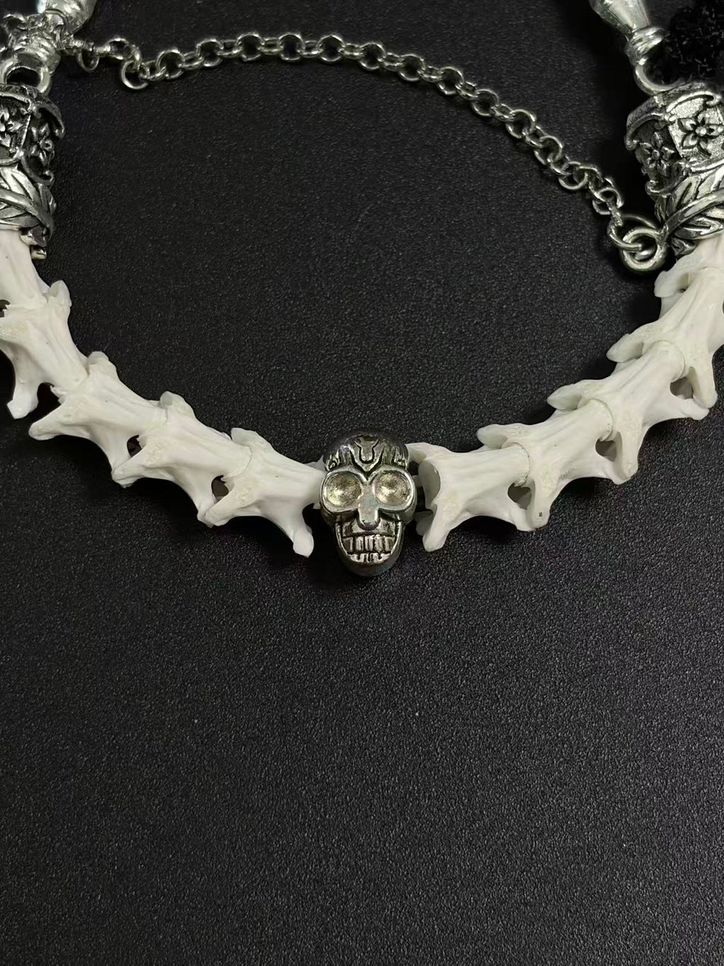 Real Snake Bone Bracelet – Crystal Skull, Silver Butterfly Charm & Bamboo Bone Dual Chain | Gothic Dark Luxury