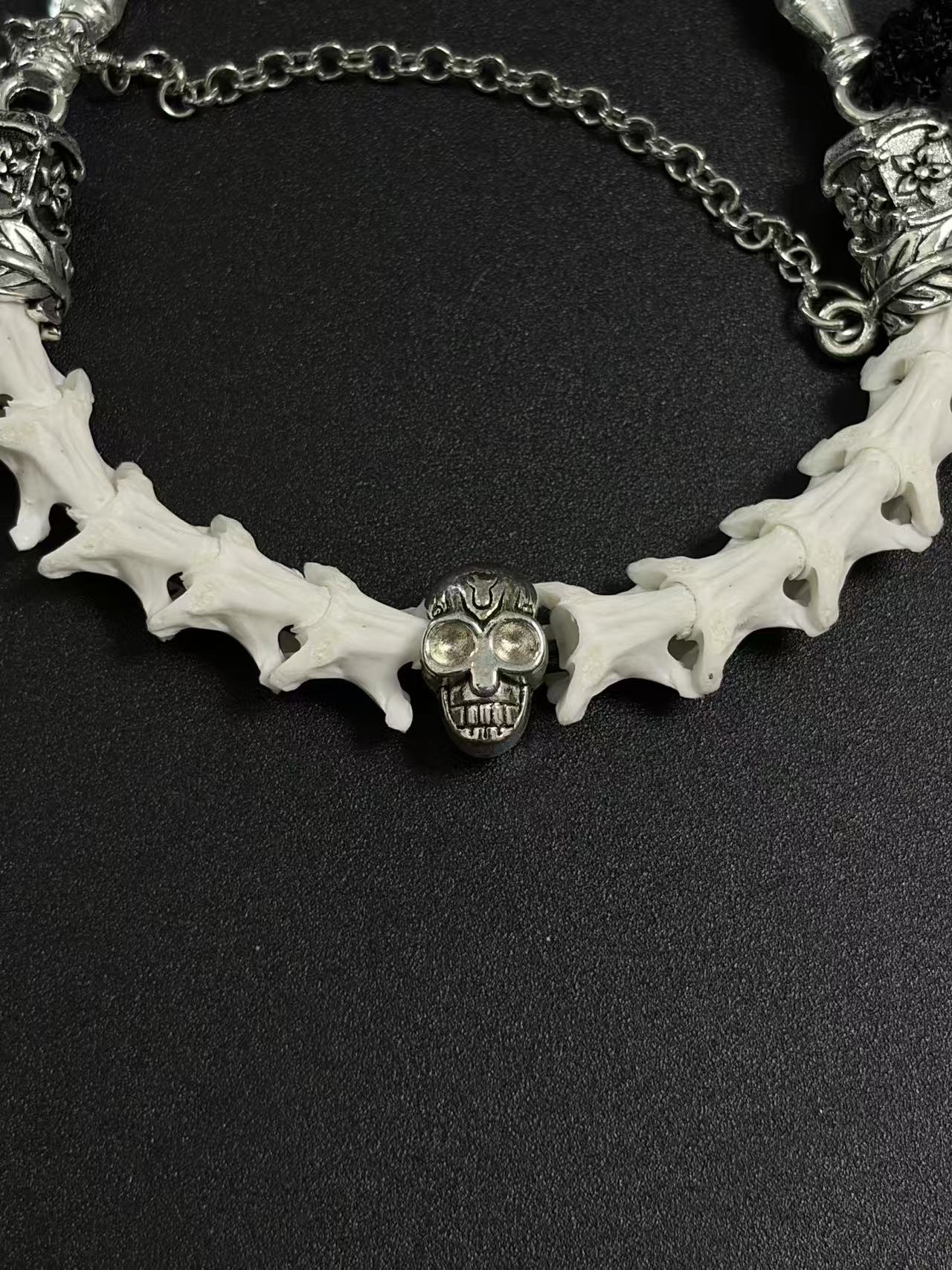 Real Snake Bone Bracelet – Crystal Skull, Silver Butterfly Charm & Bamboo Bone Dual Chain | Gothic Dark Luxury