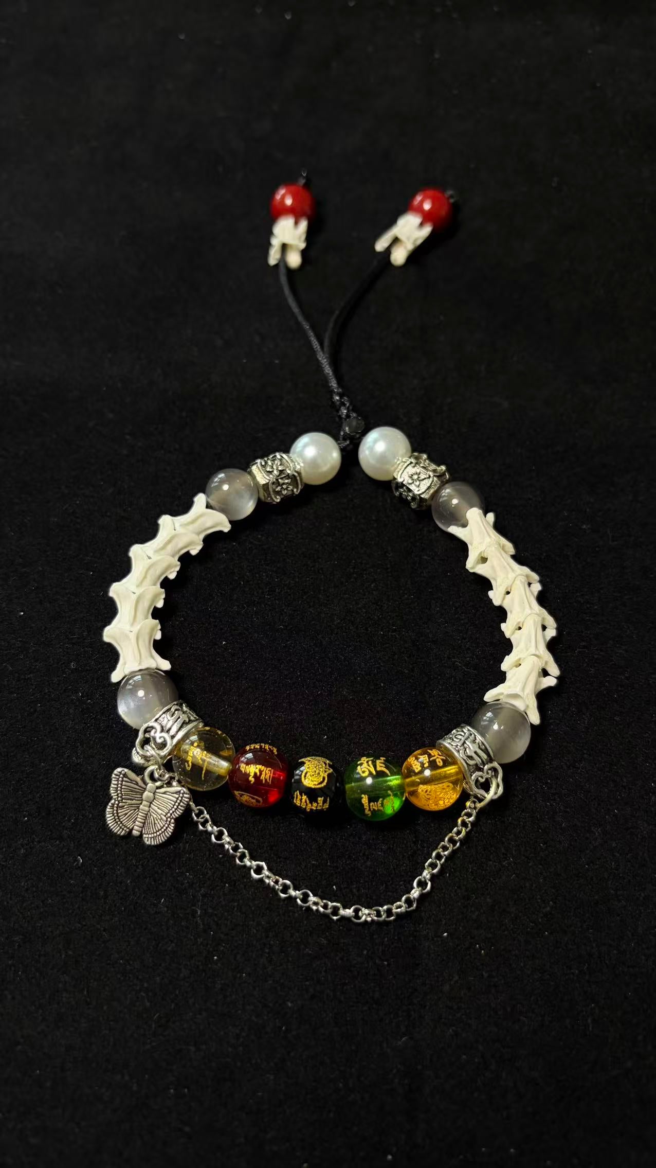 Real Snake Bone Bracelet – Five Wealth Gods Engraved Crystal Beads, Pearl & Silver Butterfly Charm | Tibetan Fortune Jewelry