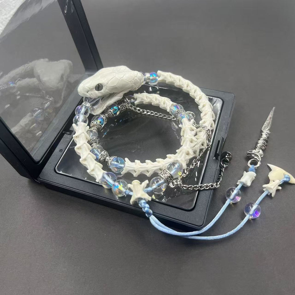 Real White Snake Bone Double-Wrap Bracelet — Aurora Crystal Beads, Silver Chain & Spear Charm | Fairy Grunge Jewelry