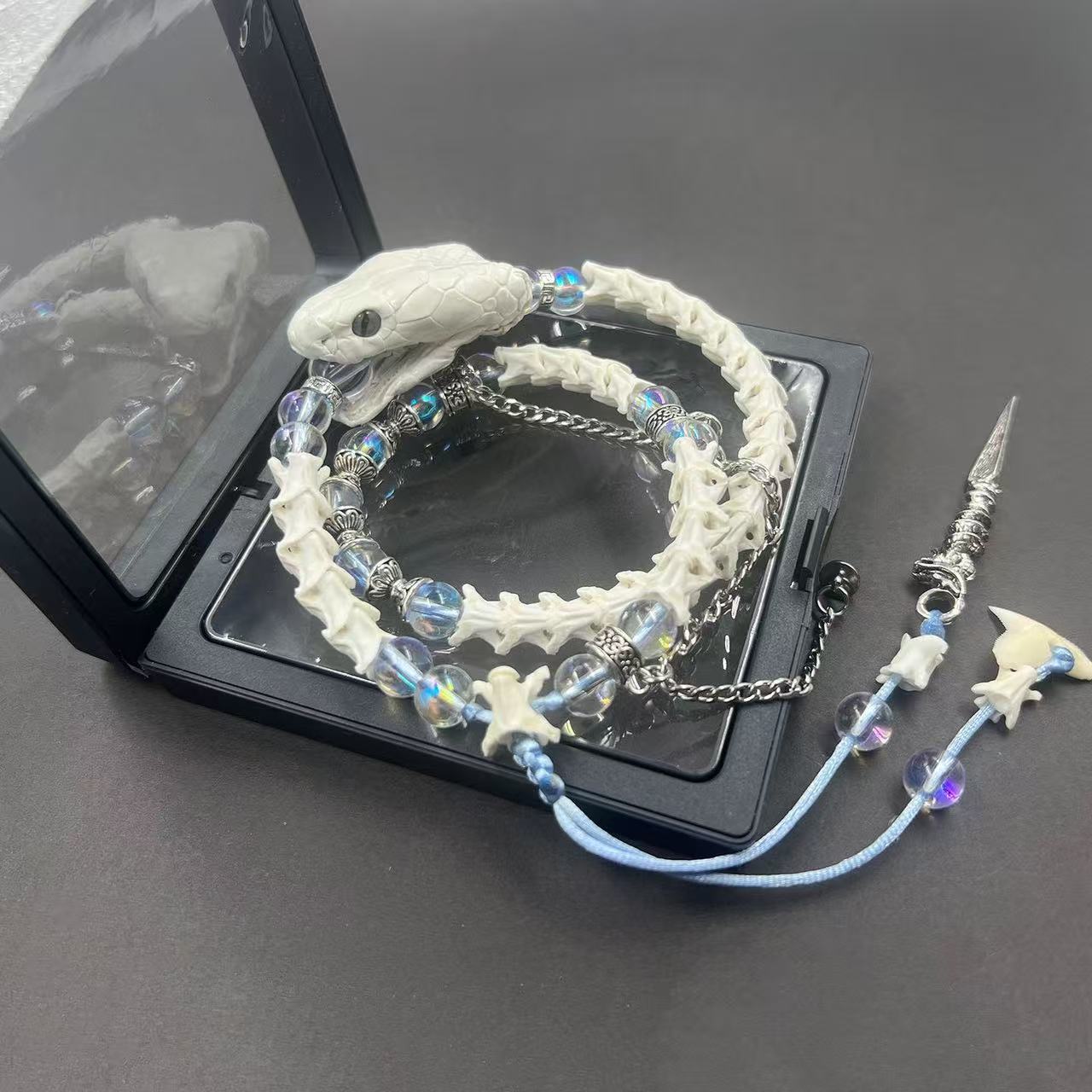Real White Snake Bone Double-Wrap Bracelet — Aurora Crystal Beads, Silver Chain & Spear Charm | Fairy Grunge Jewelry