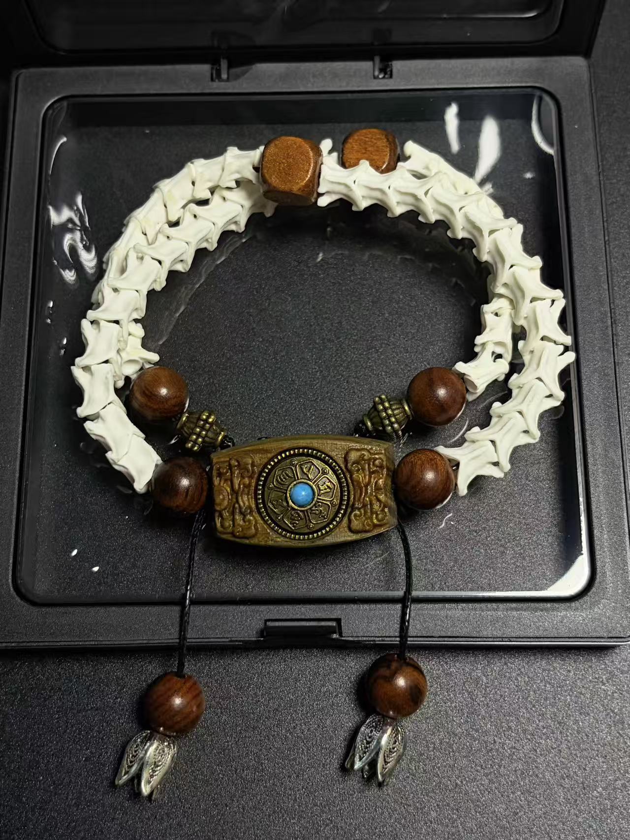 Real Snake Bone Bracelet – Tibetan Agarwood Bead, Turquoise Totem & Silver Petal Charm