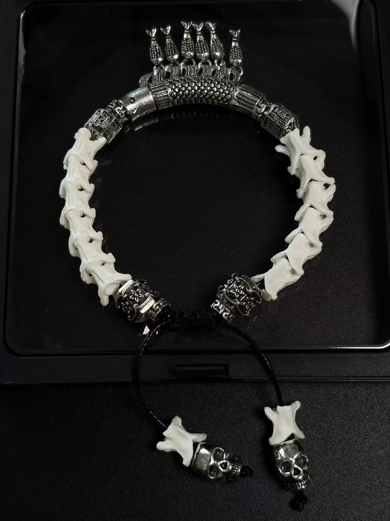 Real Snake Bone Bracelet – Skull Charm, Fish Scale Centerpiece & Bone Bead Gothic Dark Style