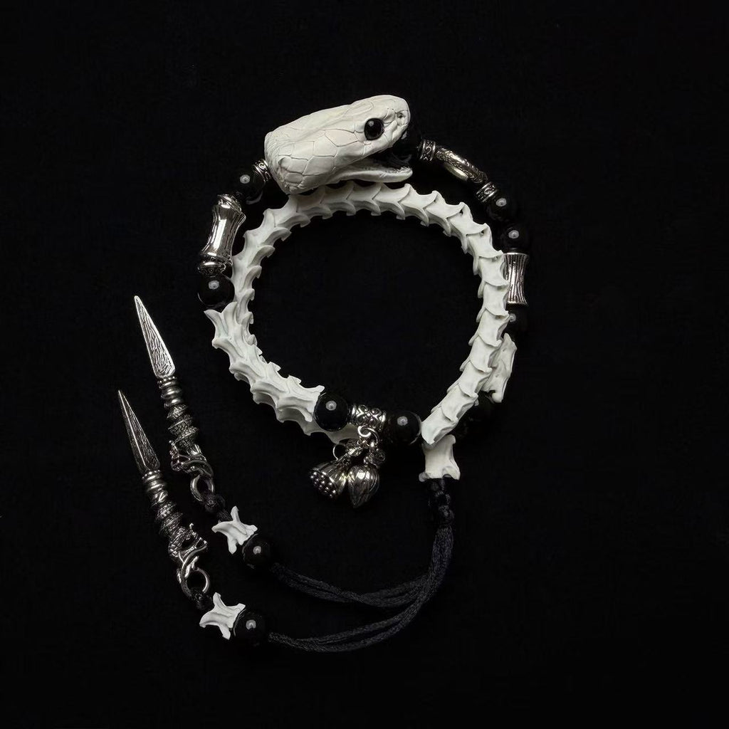 Real Snake Bone Bracelet — Snake Head Clasp & Black Obsidian | Choose Your Charm: Twin Swords or Dark Botanicals