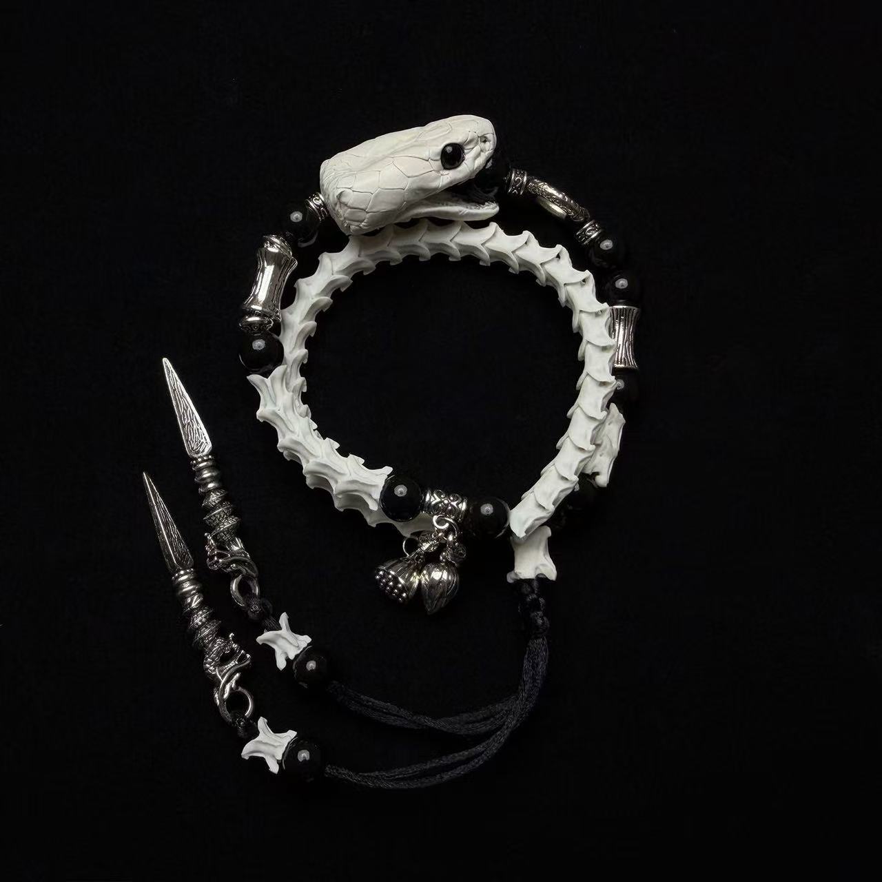 Real Snake Bone Bracelet — Snake Head Clasp & Black Obsidian | Choose Your Charm: Twin Swords or Dark Botanicals