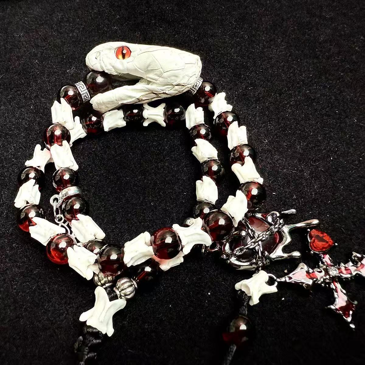 Real Snake Bone Bracelet — Red-Eye White Serpent, Natural Garnet & Gothic Angel Cross | Blood Relic Dark Luxury
