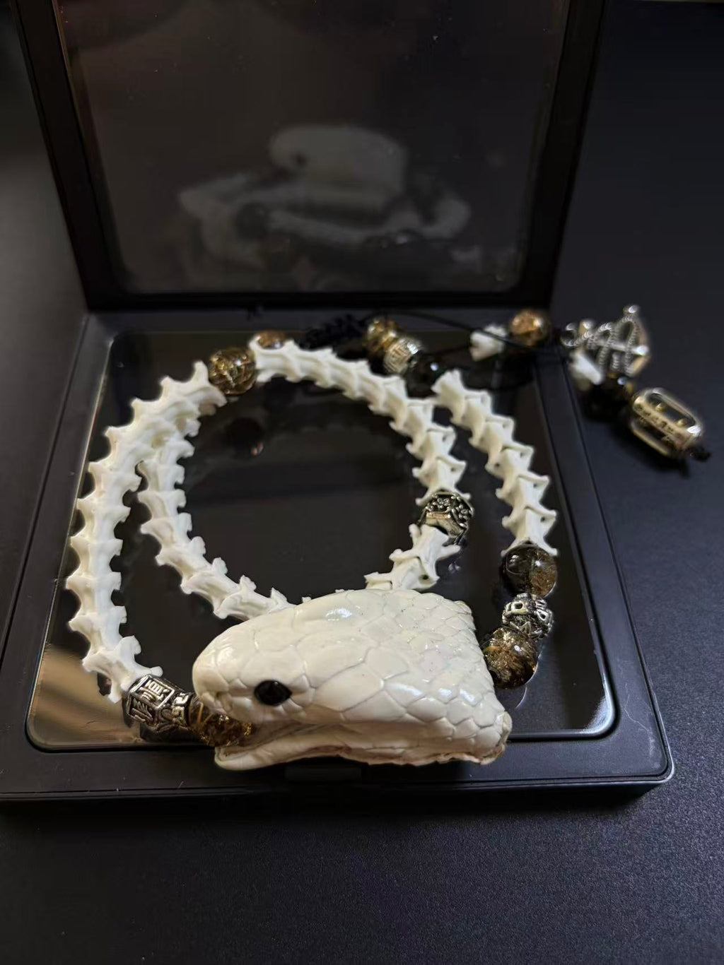Real Snake Bone Bracelet | Smoky Quartz & Dual Tibetan Charm | Dark Talisman Jewelry