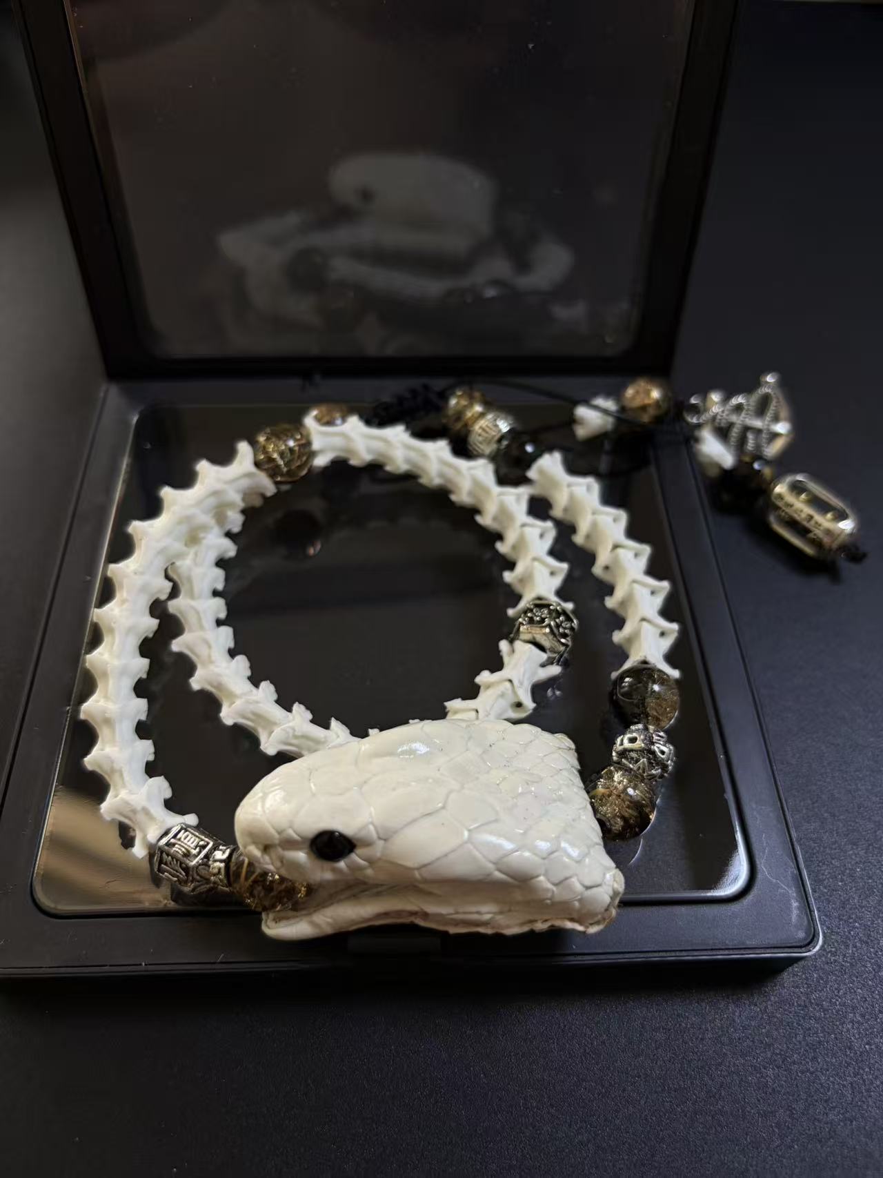 Real Snake Bone Bracelet | Smoky Quartz & Dual Tibetan Charm | Dark Talisman Jewelry