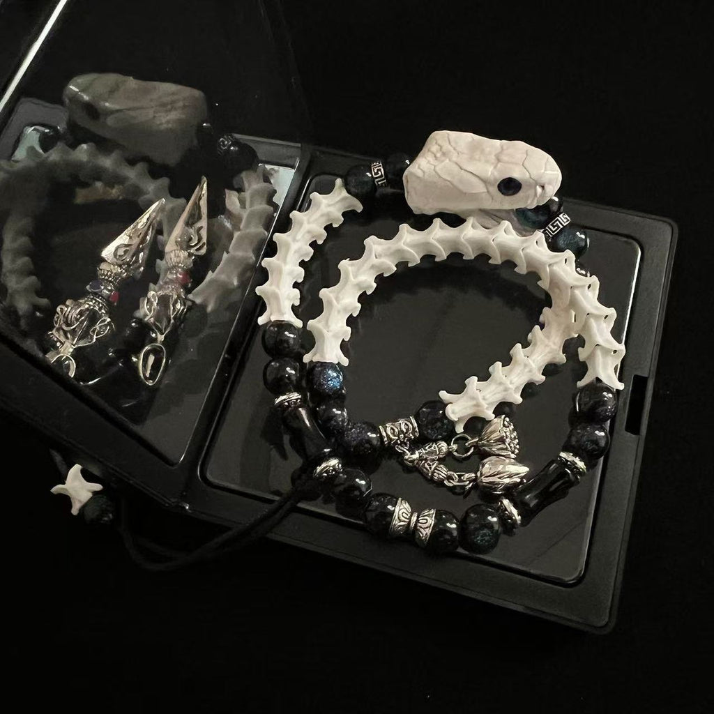 Real Snake Bone Double-Coil Bracelet — Blue-Eye White Serpent, Black Obsidian & Twin Tibetan Kila Charms | Dark Celestial