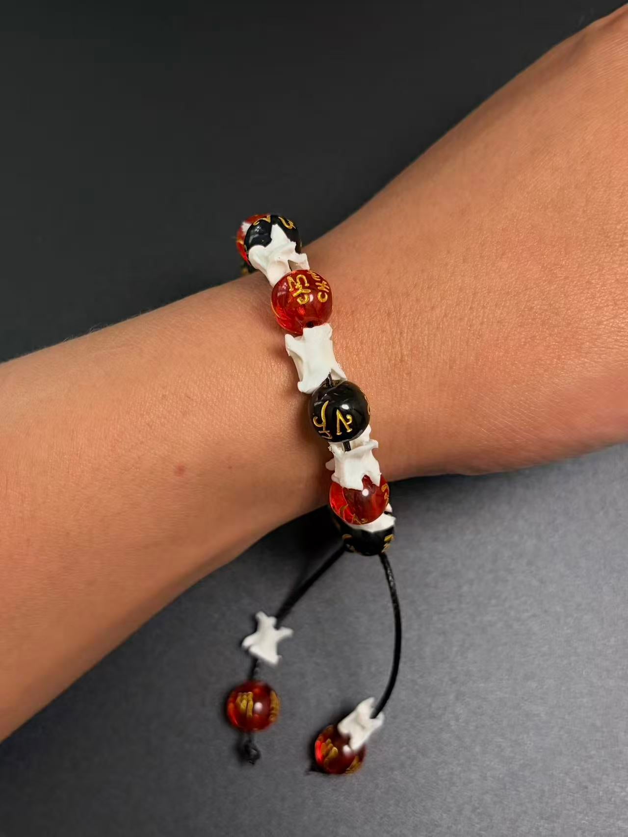 Real Snake Bone Bracelet – Om Mani Padme Hum Gold Mantra Beads, Red Crystal & Black Onyx | Tibetan Six-Word Prayer