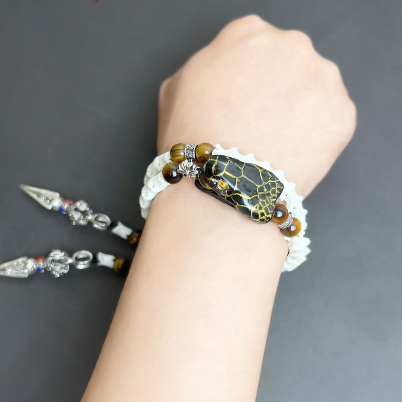 Real Snake Bone Double-Coil Bracelet — Black Serpent King, Tiger's Eye & Tibetan Kīla Charms | Dark Luxury