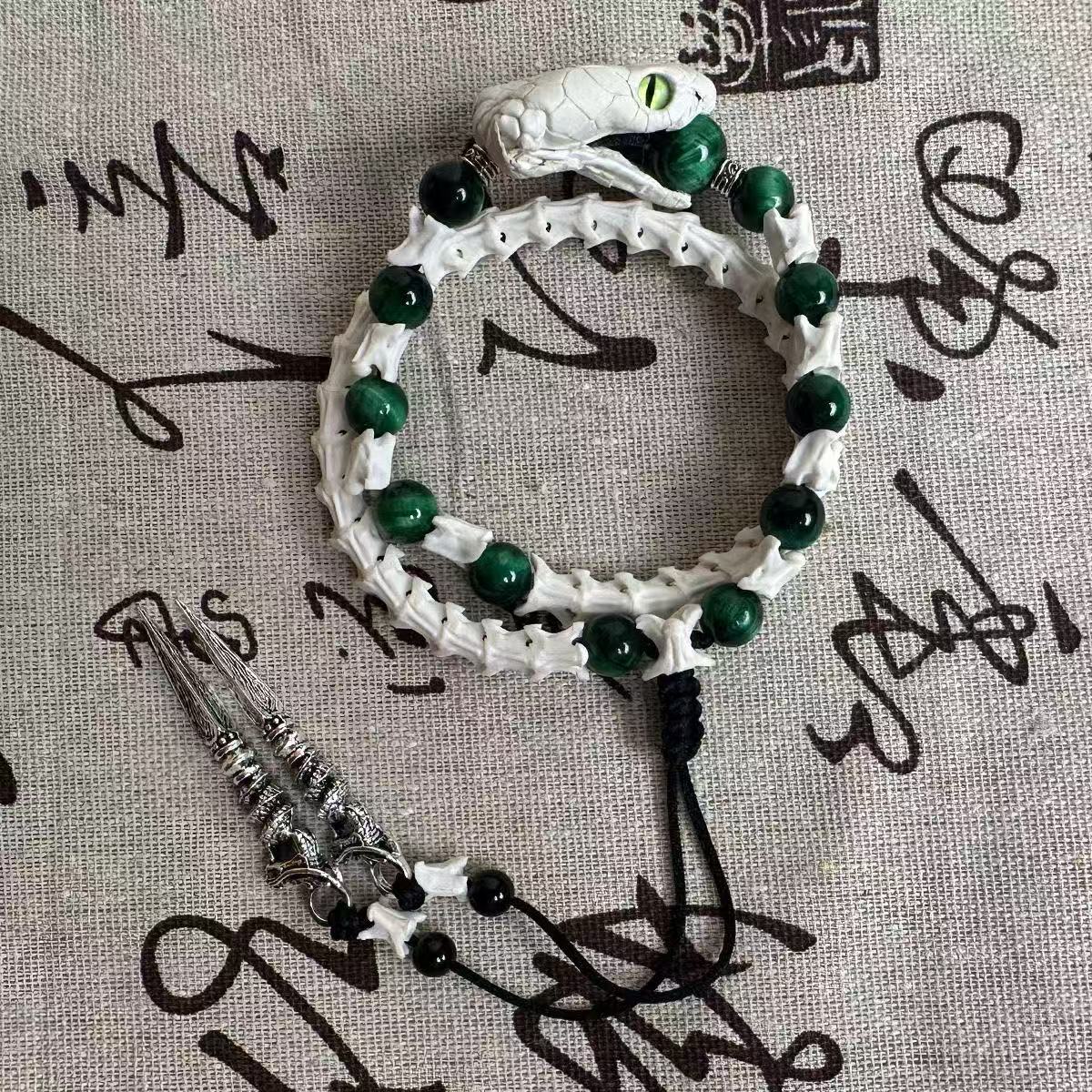 Real Snake Bone Ouroboros Bracelet — Snake Head Clasp, Natural Gemstones & Sword Charm | 3 Colors