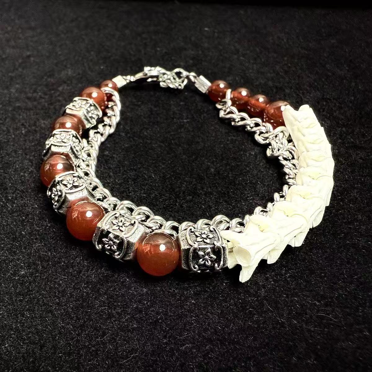 Real Snake Bone & Cuban Chain Bracelet — Natural Gemstone Beads & Vintage Alloy Spacers | Gothic Street Style