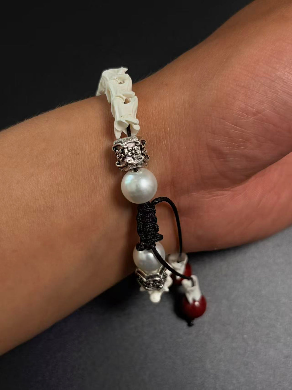 Real Snake Bone Bracelet – Five Wealth Gods Engraved Crystal Beads, Pearl & Silver Butterfly Charm | Tibetan Fortune Jewelry