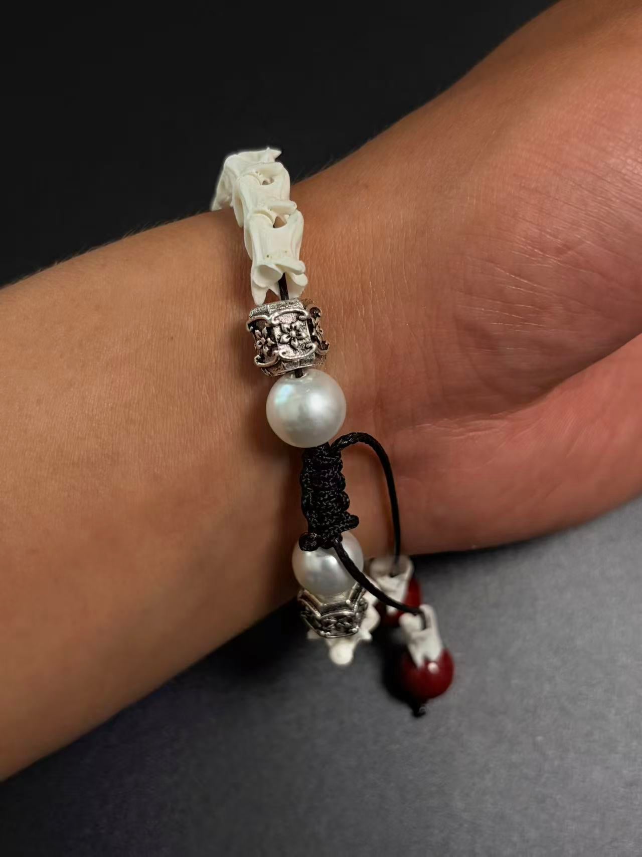 Real Snake Bone Bracelet – Five Wealth Gods Engraved Crystal Beads, Pearl & Silver Butterfly Charm | Tibetan Fortune Jewelry
