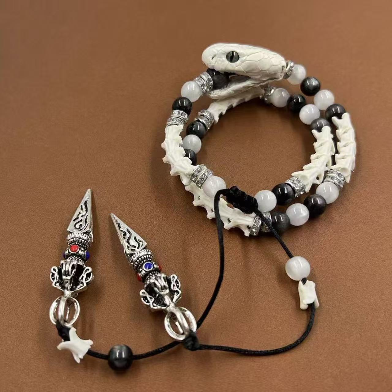 Real White Snake Bone Bracelet — Black & White Gemstones, Diamond Spacers & Tibetan Vajra Spear Charms | Dark Luxury