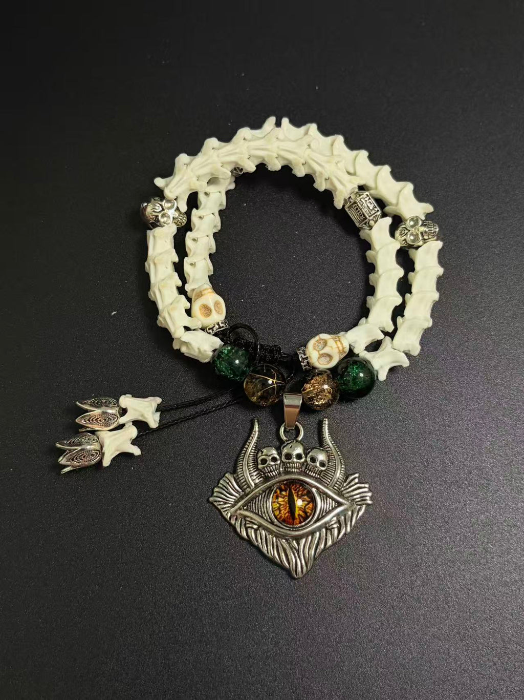 Real Snake Bone Bracelet – Dragon Eye Glass Pendant, Triple Skull Crown, Moss Agate & Gold Glass Beads | Dark Fantasy Gothic