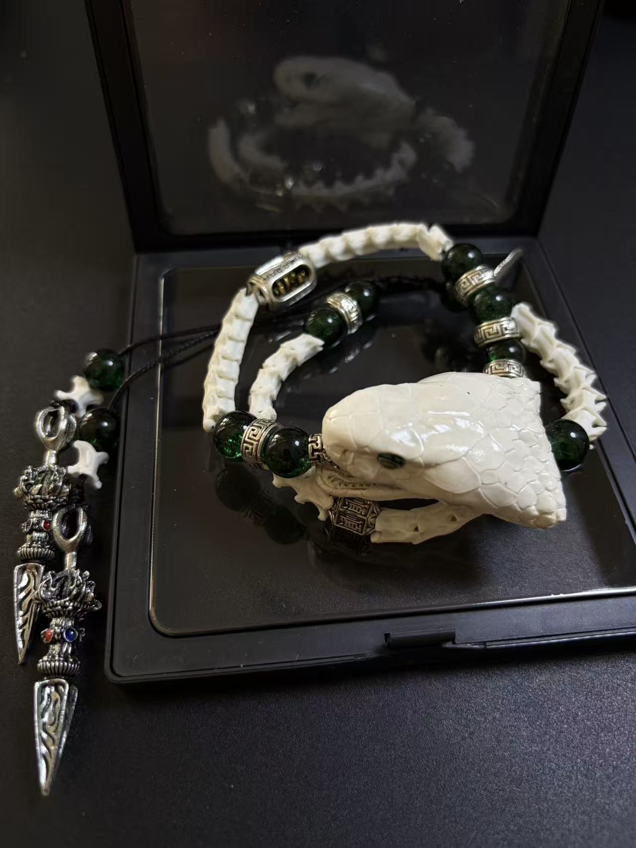 Real Snake Bone Bracelet with Tibetan Phurba Dagger Charm | Dark Luxury Talisman