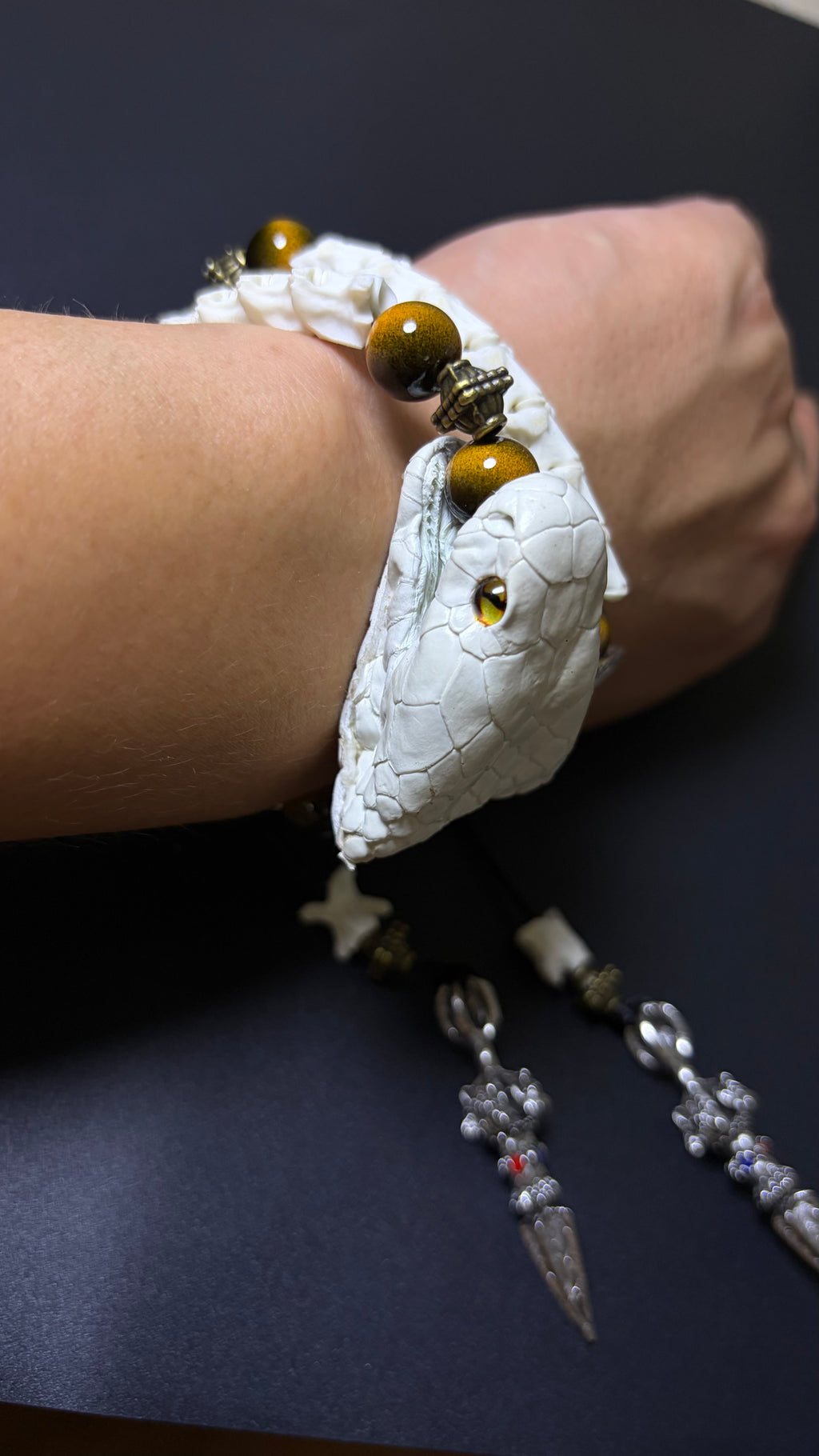 Real Snake Bone Bracelet — Tiger Eye & Tibetan Vajra Charm