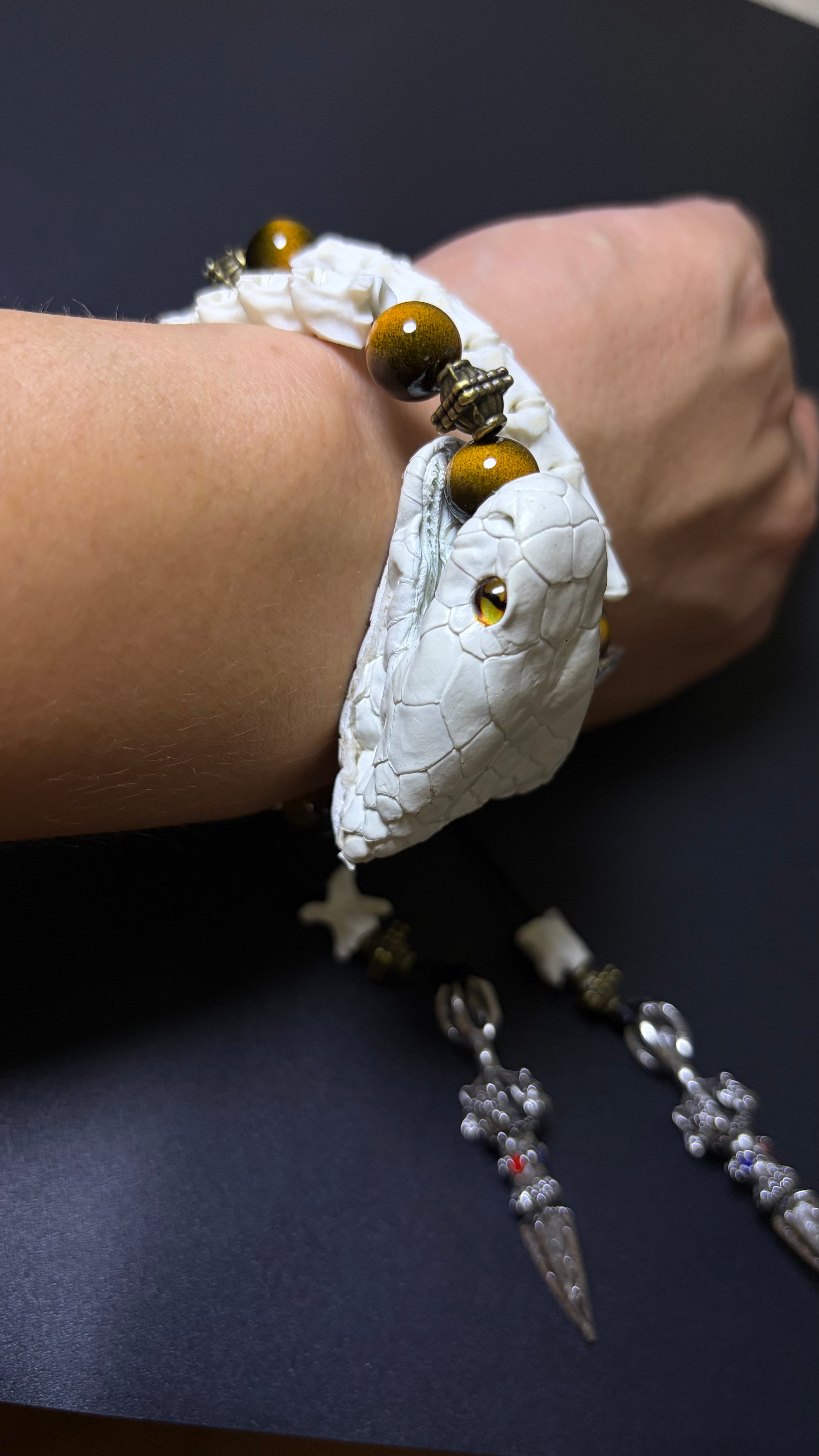 Real Snake Bone Bracelet — Tiger Eye & Tibetan Vajra Charm